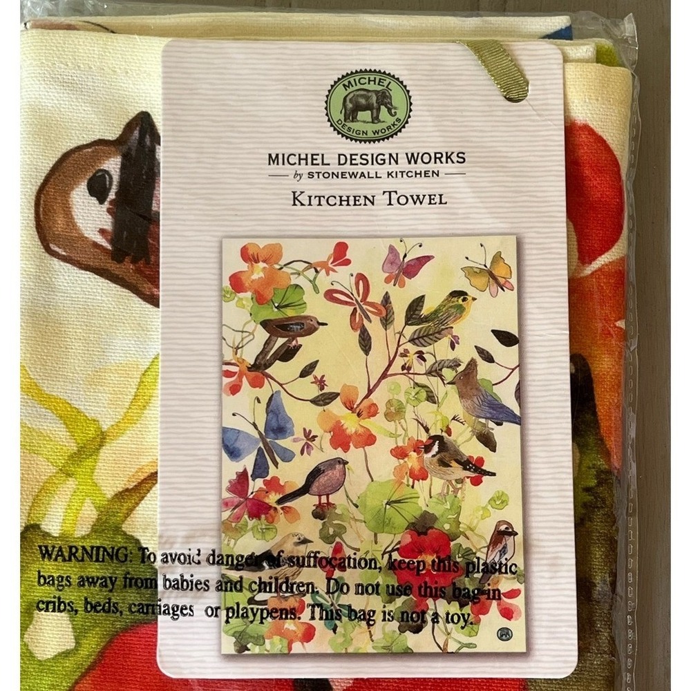 Michel Design Works Floral Kitchen Towel Birds Butterflies Cotton Colorful New